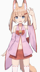 Rule 34 | 1girl, :d, animal ear fluff, animal ears, arm at side, arm up, bare shoulders, bell, blonde hair, blue eyes, bow, commentary, cowboy shot, detached sleeves, fang, fox ears, fox tail, hair ornament, hairclip, hand up, highres, jingle bell, kemomimi oukoku kokuei housou, legs apart, long hair, long sleeves, looking at viewer, mikoko (kemomimi oukoku kokuei housou), miniskirt, navel, open mouth, red bow, red skirt, ribbon-trimmed legwear, ribbon trim, shone, simple background, skirt, smile, solo, standing, tail, tareme, thighhighs, twintails, virtual youtuber, white background, white thighhighs, wide sleeves, zettai ryouiki
