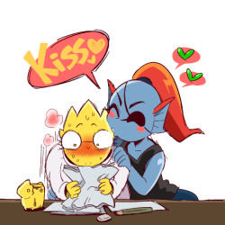 Rule 34 | :3, ^ ^, alphys, ass, black tank top, blue skin, blush, blush stickers, bon (rump), closed eye, closed eyes, colored sclera, colored skin, cup, denim, desk, eraser, eyepatch, fins, glasses, hand on another&#039;s shoulder, head fins, head kiss, jeans, lab coat, leaning forward, monster girl, pants, paper, pencil, ponytail, red hair, surprised, tank top, undertale, undyne, yellow sclera, yellow skin, yuri
