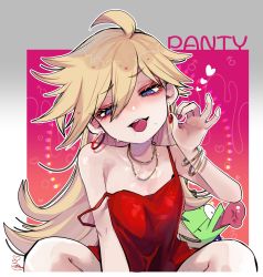 Rule 34 | 1girl, bracelet, breasts, dress, earrings, fellatio gesture, fua yuu, heart, highres, jewelry, long hair, looking at viewer, necklace, outline, panty &amp; stocking with garterbelt, panty (psg), small breasts, solo, strap slip, tongue, tongue out, white outline