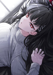 Rule 34 | 1girl, :o, absurdres, arms up, black hair, blue archive, breasts, hair spread out, halo, highres, large breasts, long sleeves, looking at viewer, lying, on back, red eyes, ribbed sweater, rio (blue archive), sweater, upper body, white sweater, yuki (asayuki101)