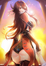 Rule 34 | 1girl, ass, beidou (genshin impact), blush, brown hair, capelet, chinese clothes, eyepatch, fingerless gloves, from behind, genshin impact, gloves, hair ornament, hair over one eye, hair stick, hairpin, holding hands, highres, long hair, one eye covered, open mouth, colored eyepatch, red eyes, smile, thighs, tommy (kingdukeee)