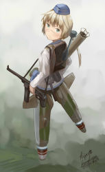 Rule 34 | 1girl, ammunition, artist name, bazooka, blast shield, blonde hair, dated, electronic firearm, garrison cap, green eyes, gun, hanna rudel, hat, highres, kanokoga, long hair, looking at viewer, looking back, luftwaffe, man-portable anti-tank systems, military, military uniform, mp 40, panzerschreck, ponytail, rocket launcher, scar, shield, solo, strike witches, strike witches: suomus misfits squadron, striker unit, submachine gun, uniform, weapon, wehrmacht, world witches series