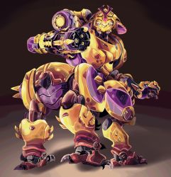 Rule 34 | absurdres, arm cannon, artsyrobo, back, centauroid, clenched hand, highres, horns, megasoma orisa, official alternate costume, omnic, orisa (overwatch), overwatch, overwatch 1, robot, single horn, solo, taur, weapon, yellow eyes
