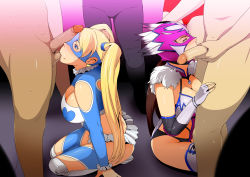 Rule 34 | 2girls, 4boys, audience, bandai namco, blonde hair, blue eyes, blush, breasts, brown hair, censored, cleavage, cleavage cutout, closed eyes, clothed female nude male, clothing cutout, crossover, gradient background, greco roman (spiral brain), highres, julia chang, large breasts, legs, leotard, long hair, mask, mosaic censoring, multiple boys, multiple girls, nude, oral, penis, rainbow mika, sitting, standing, street fighter, street fighter v, sweat, tekken, tekken tag tournament 2, testicle sucking, testicles, thighs, twintails, watching