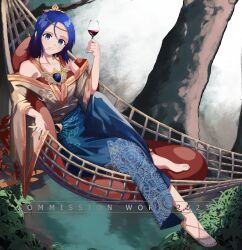 Rule 34 | 1girl, ahrara, alcohol, anklet, bare shoulders, batik, blue gemstone, blue hair, blue sarong, collarbone, commission, commissioner upload, cup, drinking glass, forehead, gem, hammock, head chain, highres, indonesian clothes, jewelry, looking at viewer, nature, necklace, original, outdoors, pillow, sandals, sarong, scar, scar on face, shoes, short hair, single shoe, smile, toenails, toes, tree, water, watermark, wine, wine glass