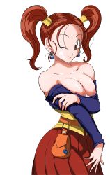 Rule 34 | 1girl, absurdres, breasts, cum, cum on body, cum on breasts, cum on upper body, dragon quest, dragon quest viii, earrings, facial, hazama null, highres, jessica albert, jewelry, looking at viewer, nipples, one eye closed, red hair, simple background, solo, twintails, white background, wink