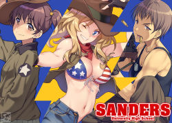 Rule 34 | 3girls, alisa (girls und panzer), american flag bikini, american flag print, artist logo, bikini, black gloves, black shirt, black shorts, blonde hair, blue eyes, bolt action, boots, brown eyes, brown footwear, brown hair, brown jacket, brown pants, bullet casing, bullet in mouth, cargo pants, closed mouth, combat boots, commentary, commentary request, cowboy hat, cowboy shot, cross-laced footwear, dog tags, dutch angle, emblem, english text, fingerless gloves, flag print, freckles, from side, front-tie bikini top, front-tie top, frown, girls und panzer, gloves, gun, hair intakes, hair ornament, hand in pocket, hand on own head, hat, highres, holding, holding clothes, holding gun, holding hat, holding weapon, jacket, kay (girls und panzer), lace-up boots, long hair, long sleeves, looking at viewer, looking back, military, military uniform, mosin-nagant, motion blur, mouth hold, multiple girls, naomi (girls und panzer), navel, on one knee, one eye closed, pairan, pants, pointing, print bikini, red stripes, rifle, saunders (emblem), saunders military uniform, scope, shirt, short hair, short shorts, short twintails, shorts, smile, sniper rifle, standing, star (symbol), star hair ornament, string bikini, striped, striped background, swimsuit, tank top, twintails, uniform, v-shaped eyebrows, very short hair, weapon
