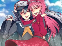 Rule 34 | 10s, 1boy, 1girl, black hair, coat, commentary, couple, darling in the franxx, english commentary, closed eyes, hairband, hand on another&#039;s head, hat, hiro (darling in the franxx), holding, holding clothes, horns, long hair, military, military uniform, necktie, oni horns, open clothes, open coat, orange neckwear, peaked, peaked cap, pink hair, short hair, uniform, user nprw3335, white hairband, zero two (darling in the franxx)