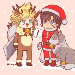 Rule 34 | !, 2boys, antlers, black hair, blonde hair, blue eyes, buster sword, cait sith (ff7), chibi, christmas, clive rosfield, closed mouth, cloud strife, cosplay, dog, final fantasy, final fantasy vii, final fantasy xvi, full body, fur-trimmed headwear, fur-trimmed jacket, fur trim, hat, highres, holding, holding sack, horns, huge weapon, in-franchise crossover, jacket, looking at another, male focus, multiple boys, nikuya (nikuya888), pants, red headwear, red jacket, red nose, red pants, rudolph the red nosed reindeer (cosplay), sack, santa costume, santa hat, short hair, speech bubble, spiked hair, standing, torgal (ff16), twitter username, weapon, weapon on back