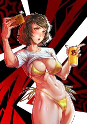 Rule 34 | 1girl, absurdres, beer can, bikini, blush, breasts, cameltoe, can, cellphone, drink can, female focus, highres, kawakami sadayo, medium breasts, nail polish, navel, nemodecy, persona, persona 5, phone, shirt, short hair, solo, sweat, swimsuit, t-shirt, thick thighs, thighs, yellow eyes