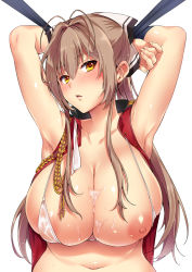 Rule 34 | 10s, 1girl, amagi brilliant park, antenna hair, armpits, arms behind head, arms up, bad id, bad pixiv id, bdsm, bikini, bikini top only, blush, bondage, bound, breasts, brown eyes, brown hair, cleavage, cum, cum on body, cum on breasts, cum on upper body, highres, huge breasts, long hair, looking at viewer, nipple slip, nipples, open clothes, open mouth, ponytail, sento isuzu, shouno kotarou, simple background, solo, swimsuit, vest, white bikini