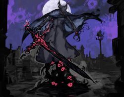 Rule 34 | 1boy, black cape, black skin, brown coat, brown hat, cape, claws, coat, colored skin, eldritch abomination, hat, highres, holding, holding sword, holding weapon, lamppost, long sleeves, moon, night, night sky, original, outdoors, red eyes, shiny clothes, sky, solo, sword, tricorne, weapon, yourfreakyneighbourh
