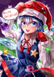 Rule 34 | 1girl, :d, absurdres, blouse, blue dress, blue eyes, blue hair, breasts, candy, cirno, clenched hand, collared shirt, commentary request, dress, english text, food, hand on headwear, hat, highres, ice, ice wings, lollipop, long sleeves, looking at viewer, mahoro (minase mahoro), medium hair, merry christmas, mittens, neck ribbon, open mouth, pinafore dress, purple background, red mittens, red ribbon, ribbon, santa hat, shirt, sleeveless, sleeveless dress, small breasts, smile, solo, speech bubble, teeth, touhou, upper teeth only, v-shaped eyebrows, wand, white shirt, wings