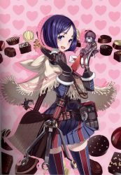 Rule 34 | 00s, 1girl, bag, belt, blonde hair, blue eyes, chocolate, compass, fringe trim, fur trim, gift, gloves, headphones, headphones around neck, heart, highres, holding, honjou raita, isara gunther, looking at viewer, open mouth, pleated skirt, poncho, puppet, satchel, scan, scan artifacts, senjou no valkyria, senjou no valkyria (series), senjou no valkyria 1, shawl, short hair, shoulder bag, skirt, smile, socket wrench, solo, striped clothes, striped thighhighs, thighhighs, valentine, vertical-striped clothes, vertical-striped thighhighs, wrench, zettai ryouiki