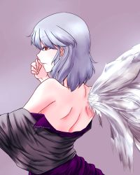 Rule 34 | 1girl, back, bare shoulders, from behind, gradient background, highres, itocoh, kishin sagume, long sleeves, no bra, off shoulder, parted lips, profile, purple background, red eyes, short hair, silver hair, single wing, solo, touhou, upper body, vest, wings