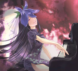 Rule 34 | 1girl, black hair, dress, flower, flower on head, highres, instrument, kyuu umi, long hair, looking at viewer, music, playing instrument, playing piano, puffy short sleeves, puffy sleeves, purple dress, red background, red eyes, short sleeves, sitting, smile, solo, touhou, unfinished dream of all living ghost, yomotsu hisami