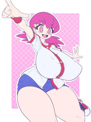 Rule 34 | 1girl, :d, blush, breasts, cowboy shot, creatures (company), curvy, dress shirt, game freak, hair ornament, hairclip, highres, huge breasts, impossible clothes, impossible shirt, kaikoinu, looking at viewer, nintendo, open mouth, outstretched arms, pink eyes, pink hair, pokemon, pokemon hgss, shirt, shoes, short shorts, short sleeves, shorts, smile, sneakers, solo, stretching, thick thighs, thighs, twintails, whitney (pokemon)
