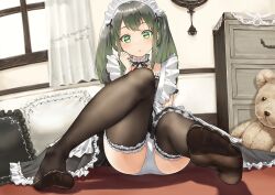 Rule 34 | 1girl, absurdres, feet, green eyes, green hair, highres, long hair, looking at viewer, maid, maid headdress, mbr90munouk, on floor, panties, parted lips, pillow, see-through, see-through legwear, soles, stuffed animal, stuffed toy, teddy bear, thighhighs, toes, twintails, underwear