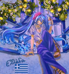 1girl blue_eyes blue_hair blue_pants bottle brown_footwear flower full_body greece greek_flag hair_flower hair_ornament hatsune_miku highres holding holding_bottle jewelry leaf lemonkeki1 long_hair multicolored_hair necklace open_mouth pants pink_flower print_shirt sandals shadow shirt short_sleeves sitting smile solo streaked_hair twitter_username very_long_hair vocaloid white_flower white_hair