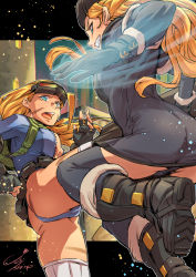 Rule 34 | 2girls, artist name, belt, belt buckle, blonde hair, blue eyes, boots, breasts, buckle, cammy white, capcom, cleavage, fighting, fingerless gloves, fur trim, gloves, hat, jelly shrimp, kolin, leotard, multiple girls, outdoors, scar, street fighter, street fighter v, tattoo, thighhighs, unzipped, winter clothes
