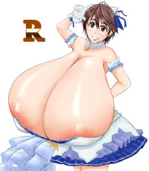 Rule 34 | 10s, 1girl, areola slip, arm up, bare arms, bare shoulders, blush, breast expansion, breasts, brown eyes, brown hair, cleavage, cowboy shot, es hisashi, facing viewer, female focus, gigantic breasts, gloves, grin, highres, idolmaster, idolmaster cinderella girls, looking at viewer, no bra, oikawa shizuku, shiny skin, short hair, simple background, skirt, smile, solo, standing, white background
