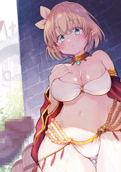 Rule 34 | 1girl, arm at side, bare shoulders, bikini, blonde hair, blush, breasts, censored, cleavage, closed mouth, collarbone, commentary request, cowboy shot, dancer, dancer (ragnarok online), day, elf, erection, gluteal fold, green eyes, groin, hand up, highres, jewelry, large breasts, long hair, looking at viewer, miya9, mosaic censoring, multi-strapped bikini, navel, neck ring, o-ring, o-ring bikini, o-ring bottom, o-ring top, outdoors, penis, pointy ears, ragnarok online, standing, stomach, strapless, strapless bikini, swimsuit, tube top