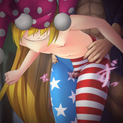 Rule 34 | 1boy, 1girl, afterimage, american flag legwear, armpits, bent over, between thighs, black shirt, blonde hair, bottomless, breasts, censored, closed mouth, clownpiece, collarbone, flag print, hat, hetero, jester cap, long hair, mikami yuuki (nl8you), mosaic censoring, motion blur, muscular, nipples, open clothes, open shirt, pantyhose, penis, pink hat, polka dot, polka dot headwear, precum, shirt, small breasts, smile, solo focus, standing, star (symbol), star print, striped clothes, striped pantyhose, thigh sex, topless, touhou, very long hair
