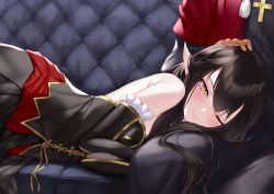 Rule 34 | 1boy, 1girl, amakusa shirou (fate), bare shoulders, black dress, brown hair, cross, cross necklace, detached sleeves, dress, fate/apocrypha, fate/grand order, fate (series), hand on another&#039;s head, headpat, highres, jewelry, lap pillow, long dress, long hair, lying, necklace, one eye closed, pointy ears, reuri (tjux4555), semiramis (fate), yellow eyes