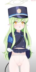 Rule 34 | 1girl, absurdres, armband, black tail, blue archive, blue armband, cleft of venus, demon tail, green hair, green halo, gusset, halo, hat, highres, hikari (blue archive), kaoyumw, lifting own clothes, long hair, navel, original, pantyhose, peaked cap, pussy, pussy juice, siblings, tail, train conductor, twins, white pantyhose
