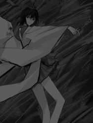 Rule 34 | 1other, androgynous, closed mouth, commentary request, feet out of frame, fuluola xiaoyao, greyscale, hakama, hakama short skirt, hakama skirt, hat, highres, holding, japanese clothes, len&#039;en, long sleeves, monochrome, other focus, senri tsurubami, short hair, skirt, smile, solo, tate eboshi, wide sleeves