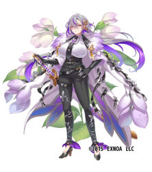 Rule 34 | 1girl, belt, breasts, closed mouth, dress, flower knight girl, full body, high heels, large breasts, legs, looking at viewer, mataichi mataro, necktie, official art, purple eyes, purple hair, red eyes, solo, standing, sword, thighs, weapon, white background, white dress, white hair, yellow eyes