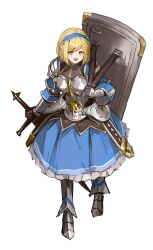 Rule 34 | 1girl, :d, absurdres, armor, armored dress, blonde hair, blue dress, blue hairband, blush, breastplate, brown eyes, carrying over shoulder, djeeta (granblue fantasy), dress, frilled dress, frills, full body, gauntlets, granblue fantasy, hairband, highres, holding, holding shield, holding sword, holding weapon, long bangs, long dress, looking at viewer, open mouth, pauldrons, pleated dress, sabaton, shield, shiro wa (shiroshironix), shoulder armor, sidelocks, smile, solo, sweatdrop, sword, weapon