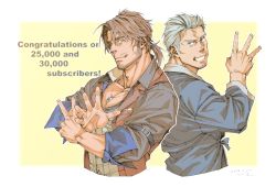 Rule 34 | 2boys, ;), absurdres, belmond banderas, black shirt, brown background, brown eyes, brown hair, brown vest, collarbone, collared shirt, commentary request, congratulations, cropped torso, facial hair, grey eyes, grey hair, grey kimono, grey vest, grin, hand up, highres, hima (nichikan), japanese clothes, kimono, long sleeves, looking at viewer, looking to the side, low ponytail, maimoto keisuke, male focus, milestone celebration, multiple boys, nijisanji, one eye closed, ponytail, shirt, smile, stubble, two-tone background, upper body, v, vest, virtual youtuber, w, white background