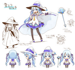 Rule 34 | 2014, black legwear, blue collar, blue eyes, blue hair, boots, cape, cape lift, character name, character sheet, chibi, closed mouth, collar, collared dress, dera fury, dress, eighth note, fingerless gloves, from behind, from side, gloves, hair ribbon, hand on own hip, hat, hatsune miku, highres, lace, lace-trimmed dress, lace trim, layered dress, light blue hair, long hair, looking at viewer, magical girl, multiple views, musical note, necktie, official art, open mouth, orb, outstretched arm, pantyhose, purple gloves, ribbon, sleeveless, sleeveless dress, smile, snowflake print, snowflakes, staff, treble clef, twintails, very long hair, vocaloid, white cape, white dress, witch hat, yuki miku, yuki miku (2014)