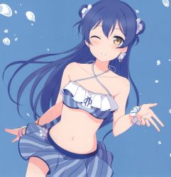 Rule 34 | 1girl, 6u (eternal land), absurdres, bikini, blue hair, blue theme, blush, breasts, cowboy shot, cropped, grin, halterneck, highres, long hair, looking at viewer, love live!, love live! school idol festival, love live! school idol project, one eye closed, simple background, small breasts, smile, solo, sonoda umi, splashing, swimsuit, third-party edit, waifu2x, yellow eyes