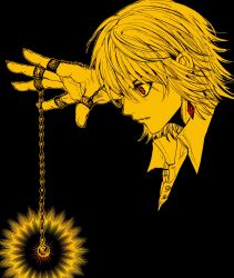 Rule 34 | 1boy, absurdres, androgynous, black background, chain, crystal earrings, earrings, glowing, highres, hunter x hunter, jewelry, kurapika, long bangs, looking to the side, male focus, multiple rings, my nameisyoon, red eyes, ring, solo