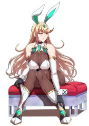 Rule 34 | 1girl, absurdres, alternate costume, animal ears, bare shoulders, blonde hair, blush, breasts, chest jewel, fake animal ears, highres, large breasts, leotard, long hair, looking to the side, mythra (xenoblade), open mouth, playboy bunny, rabbit ears, sitting, solo, swept bangs, tiara, torahime (roland00), xenoblade chronicles (series), xenoblade chronicles 2, yellow eyes
