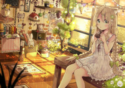 Rule 34 | 1girl, :o, animal ears, basket, bench, blonde hair, blurry, blush, book, bookshelf, bow, braid, cat ears, cat girl, collarbone, cup, depth of field, dress, evening, green bow, green eyes, hair between eyes, hair bow, hair ornament, hands up, highres, holding, holding cup, indoors, jewelry, lamp, long hair, looking at viewer, mug, necklace, niikura kaori, open book, original, parted lips, plant, potted plant, sidelocks, sitting, solo, spaghetti strap, stuffed animal, stuffed rabbit, stuffed toy, sundress, sunset, tareme, treehouse, twin braids, vase, white dress, window, window shadow, x hair ornament