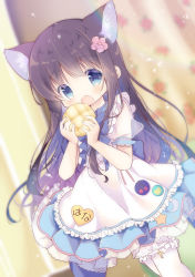 Rule 34 | 1girl, animal ear fluff, animal ears, apron, bad id, bad pixiv id, black hair, blue eyes, blue skirt, blurry, blurry background, blush, bread, commentary request, depth of field, dutch angle, flower, food, food print, frilled apron, frills, fukaya rin, hair flower, hair ornament, hands up, highres, holding, holding food, indoors, kemonomimi mode, long hair, looking at viewer, open mouth, pink flower, pleated skirt, puffy short sleeves, puffy sleeves, see-through, see-through sleeves, shirosaki hana, short sleeves, skirt, solo, standing, strawberry print, thighhighs, very long hair, watashi ni tenshi ga maiorita!, white apron, white thighhighs