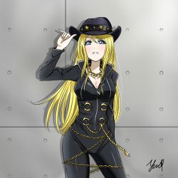Rule 34 | 1girl, artist request, ayase eli, black bodysuit, black hat, blonde hair, blue eyes, blush, bodysuit, breasts, chain, cleavage, collared shirt, cowboy hat, diamond princess no yuuutsu, female focus, gold chain, gold necklace, hat, jewelry, large breasts, long hair, long sleeves, looking at viewer, love live!, love live! school idol festival, love live! school idol project, medium breasts, necklace, parted lips, ponytail, shirt, short hair, smile, solo, yudai x illust