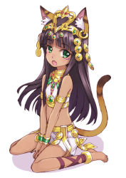 Rule 34 | 1girl, :o, animal ears, ankle lace-up, anklet, armlet, bad id, barefoot, bastet (p&amp;d), black hair, blush, bracer, cat ears, cat tail, cross-laced footwear, dark-skinned female, dark skin, egyptian, facial mark, fang, feet, full body, green eyes, gungho online entertainment, highres, jewelry, long hair, looking at viewer, matsuryuu, necklace, petite, puzzle &amp; dragons, simple background, sitting, solo, tail, tiara, v arms, wariza, white background