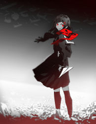 Rule 34 | 1girl, black hair, black sailor collar, black serafuku, black skirt, black sky, black socks, blurry, depth of field, desk, floating, floating object, floating scarf, gradient sky, grey sky, hair ornament, hairpin, hand on own arm, holding paper airplane, kagerou project, limited palette, long hair, long sleeves, looking at viewer, mekakucity actors, mncpa, multiple hairpins, paper airplane, partially colored, pleated skirt, red eyes, red scarf, sailor collar, scarf, school desk, school uniform, serafuku, skirt, sky, sleeve cuffs, socks, solo, standing, swept bangs, tateyama ayano, wind