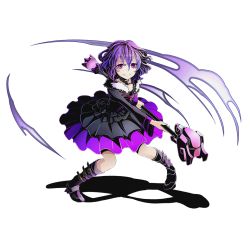 Rule 34 | 10s, 1girl, claudy, cloudy (divine gate), collar, divine gate, dress, full body, grin, hair between eyes, holding, holding weapon, layered dress, looking at viewer, official art, pink eyes, purple hair, shadow, short hair, smile, solo, transparent background, ucmm, weapon, wezaadoriizu