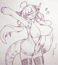 Rule 34 | 1girl, ;), ahoge, breasts, closed mouth, corrupted twitter file, dragon girl, dragon horns, dragon tail, glasses, highres, hololive, horns, jacket, kiryu coco, large breasts, long hair, long sleeves, looking at viewer, naked jacket, navel, nipples, one eye closed, pointy ears, smile, solo, standing, tail, thighhighs, thighs, traditional media, tsukareta san, unzipped, virtual youtuber