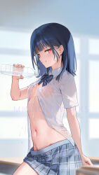Rule 34 | 1girl, absurdres, artist name, black hair, blurry, blurry background, bottle, breasts, buttons, day, fingernails, hair ornament, hairclip, highres, holding, ichigo-chan (mignon), indoors, looking at viewer, medium hair, mignon, navel, open clothes, open shirt, original, parted lips, plastic bottle, pouring, pouring onto self, red eyes, ribbon, see-through, shirt, short sleeves, skirt, small breasts, smile, solo, stomach, teeth, water, water bottle, water drop, wet, wet clothes, white shirt, window