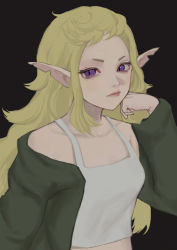 Rule 34 | 1girl, bad id, bad pixiv id, bare shoulders, black background, blonde hair, breasts, camisole, closed mouth, dungeon meshi, elf, eyelashes, fleki, green jacket, head rest, jacket, long hair, long sleeves, looking at viewer, notched ear, off shoulder, open clothes, open jacket, pointy ears, purple eyes, red lips, simple background, slit pupils, solo, sunakienn, upper body