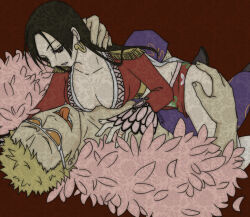 Rule 34 | 1boy, 1girl, ass grab, black hair, blonde hair, boa hancock, breasts, cape, donquixote doflamingo, earrings, feather coat, jewelry, k kuroto, long hair, long sleeves, looking at another, lying, lying on person, medium breasts, one piece, parted lips, short hair, snake earrings, sunglasses, tongue, tongue out, very long hair