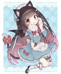 Rule 34 | 1girl, animal ear fluff, animal ears, animal hands, asymmetrical legwear, bat wings, bell, black hair, blue dress, bow, cat ears, cat tail, character request, copyright request, dress, fang, female focus, fish hair ornament, frilled dress, frills, gloves, gradient hair, hair ornament, hairclip, jingle bell, looking at viewer, multicolored hair, paw gloves, pink hair, purple eyes, sakutake (ue3sayu), smile, solo, tail, tail bow, tail ornament, uneven legwear, wings