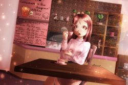 Rule 34 | 1girl, artist name, artist request, blush, bow, brown eyes, brown hair, cake, chair, cup, elbow on table, female focus, fluffy mouse, food, hair between eyes, hair bow, highres, holding, holding cup, indoors, long hair, looking at viewer, love live!, love live! sunshine!!, on chair, parted lips, pink sweater, red hair, sakurauchi riko, sitting, smile, solo, surprised, sweater, table, yellow eyes