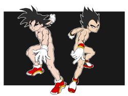 Rule 34 | 2boys, arm up, arms up, black background, black eyes, black hair, border, closed mouth, convenient arm, cosplay, flat color, full body, gloves, happy, highres, looking at viewer, male focus, marvelpoison, multicolored footwear, multiple boys, nude, outline, outside border, outstretched arm, outstretched arms, red footwear, shadow the hedgehog, shadow the hedgehog (cosplay), shoes, short hair, simple background, smile, son goku, sonic (series), sonic the hedgehog, sonic the hedgehog (cosplay), spiked hair, standing, symmetry, toned, v-shaped eyebrows, vegeta, white border, white gloves, white outline